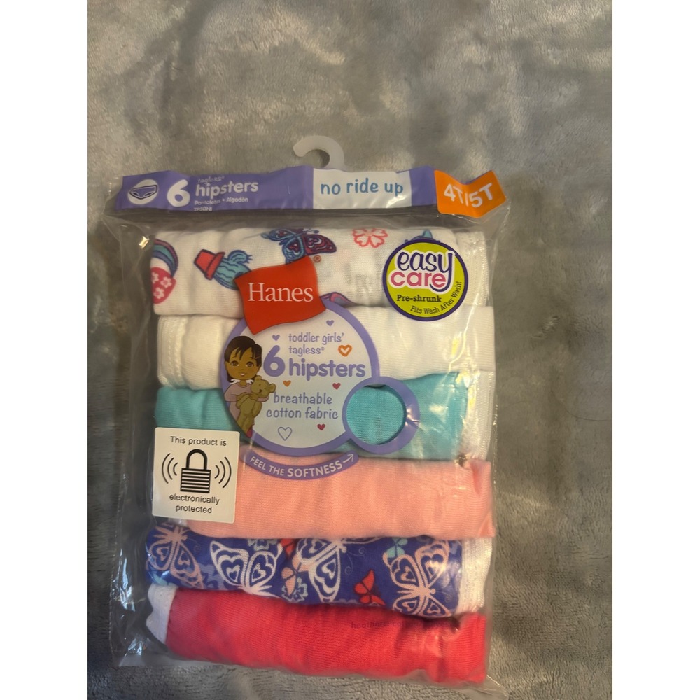 Hanes Toddler Girls 6 Pack Tagless Hipster Underwear Multi Color Butterfly 4T 5T